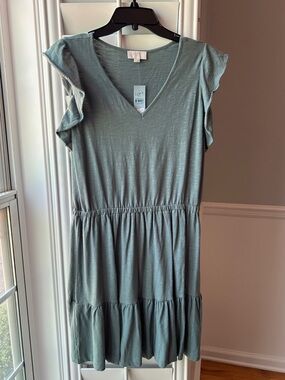 LOFT Sage Green Tiered V-Neck Ruffle Sleeve Dress
